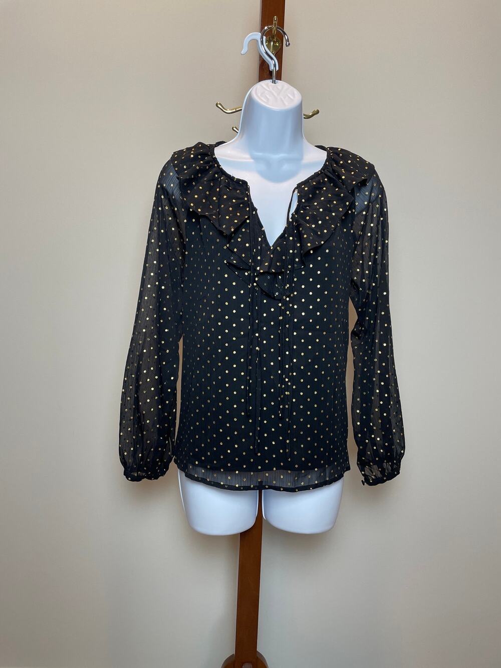 J.Crew Top Size XS Black Chiffon Sheer Sleeve Gold Polka Dot Ruffle V Neck NWT